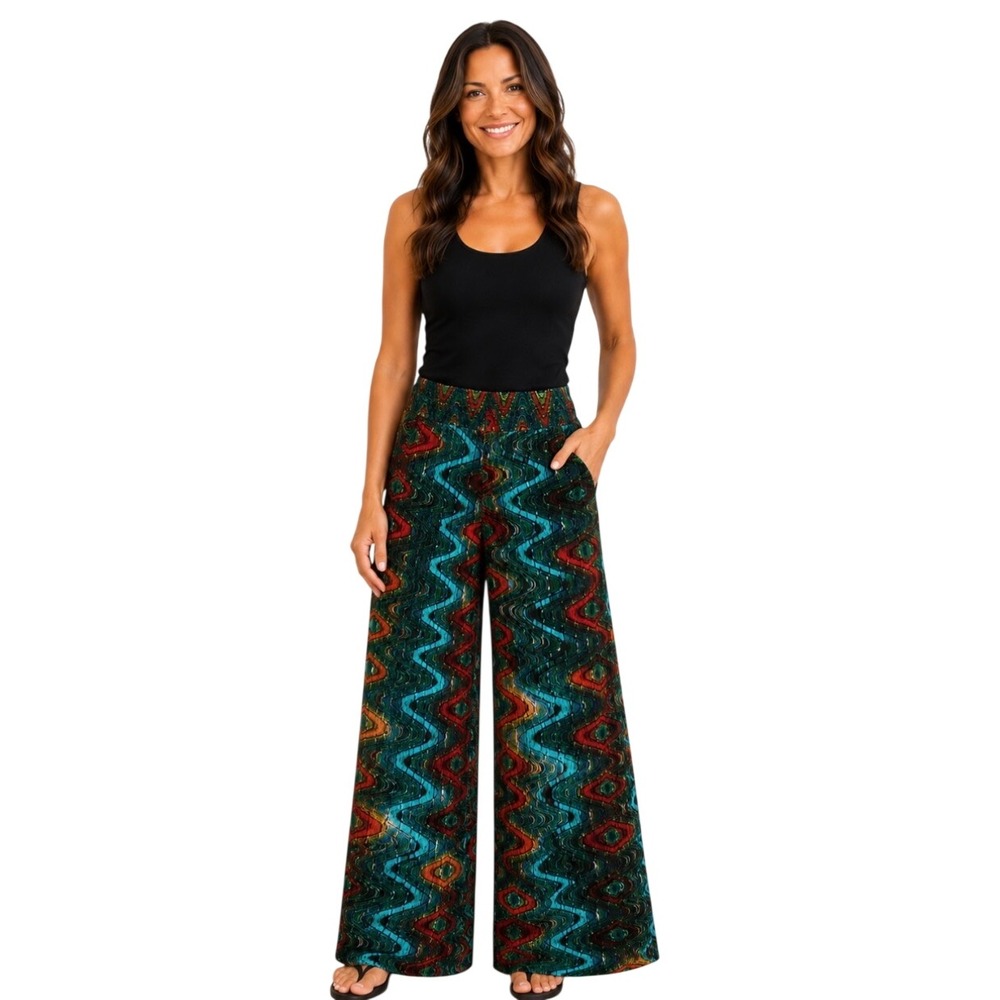 The Pyramid Collection Multi Color Abstract Wave Print Wide Leg Pants 2X